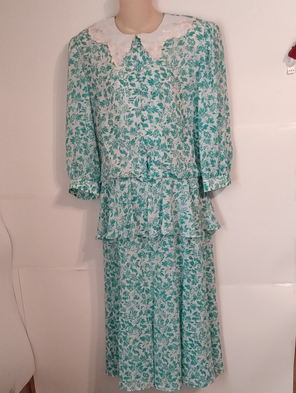 Vtg 80s Golden Girls Peplum Garden Party Teal White Floral Cottagecore Dress